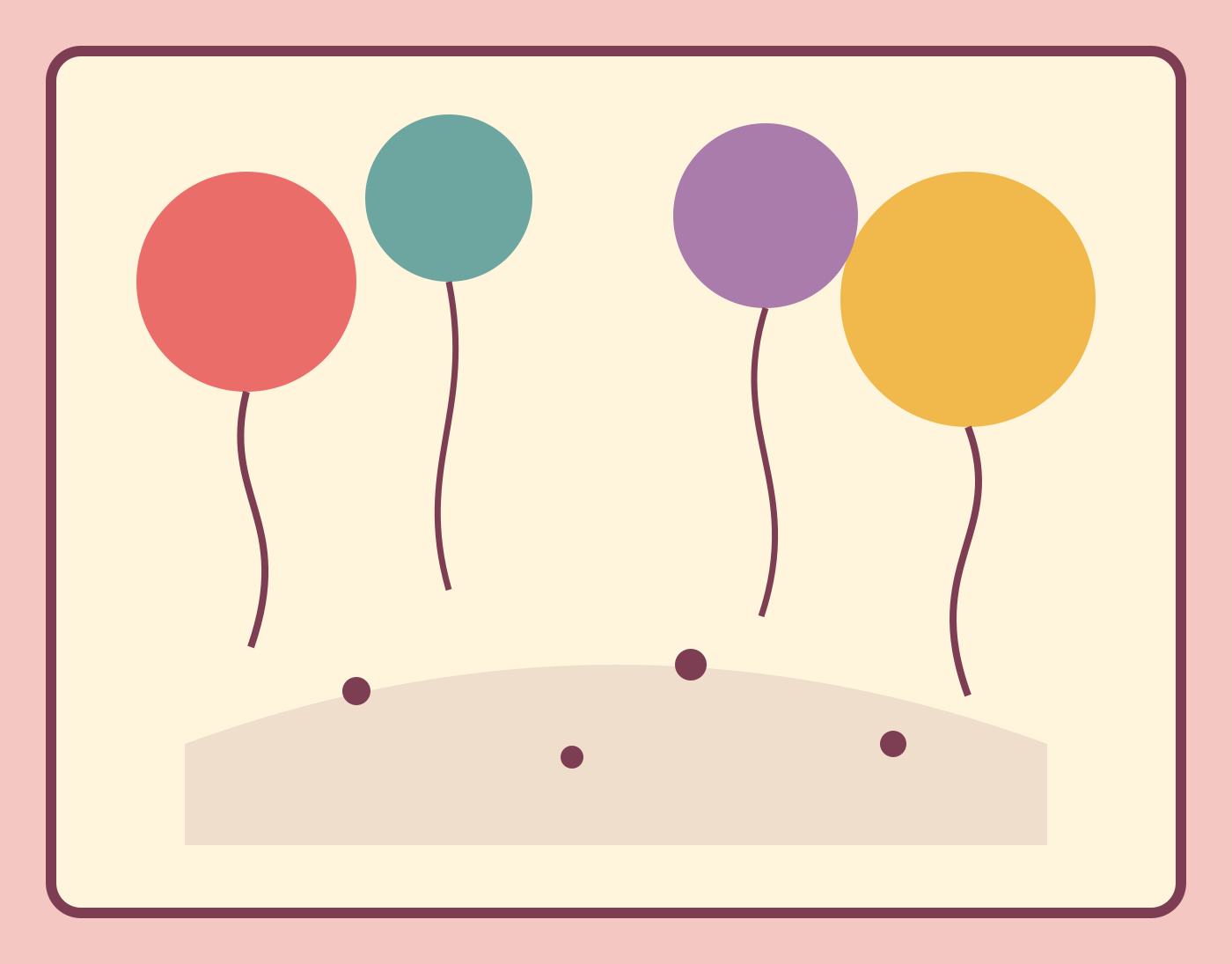 A colorful arrangement of coral, gold, teal, and lavender balloons
