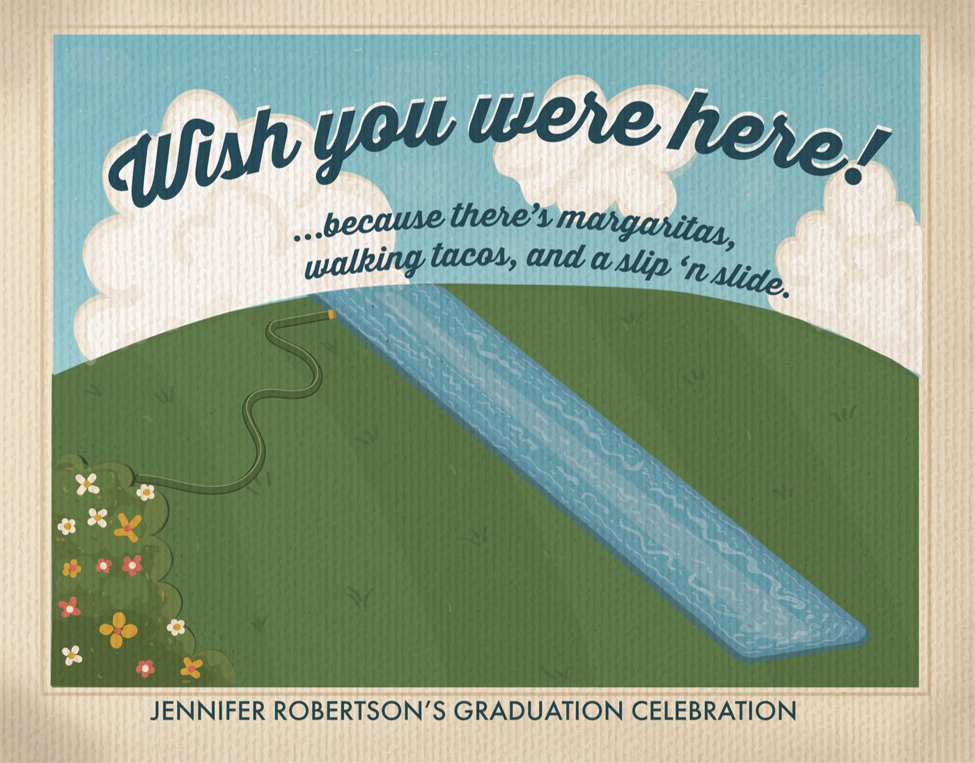A retro illustration of a blue slip-and-slide on a green hill beneath a sunny sky